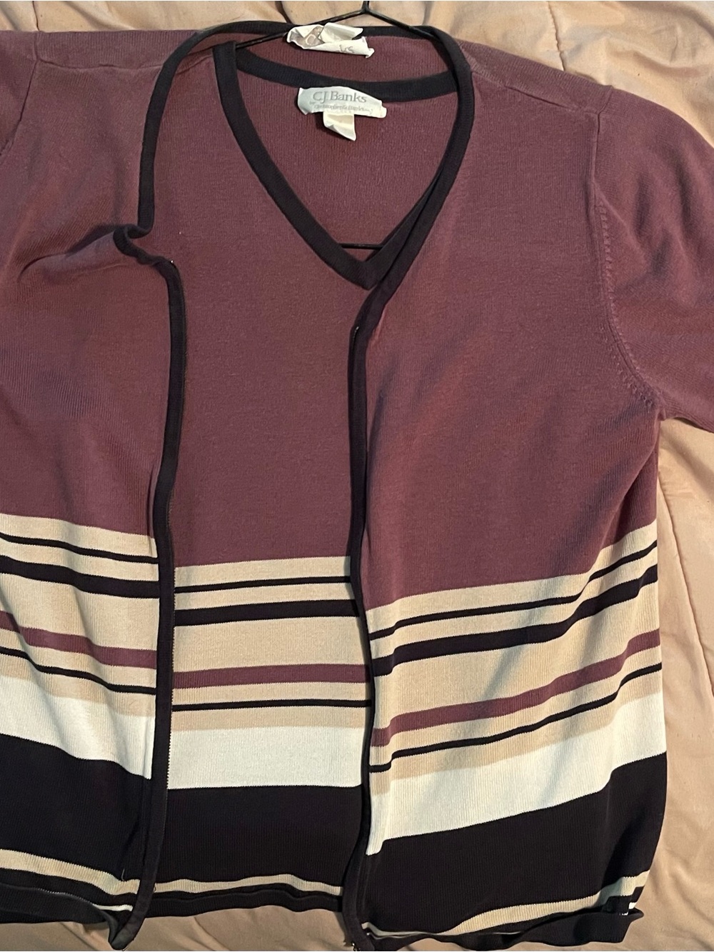 CJ Banks Mauve and Black Striped Open-Front Cardigan
